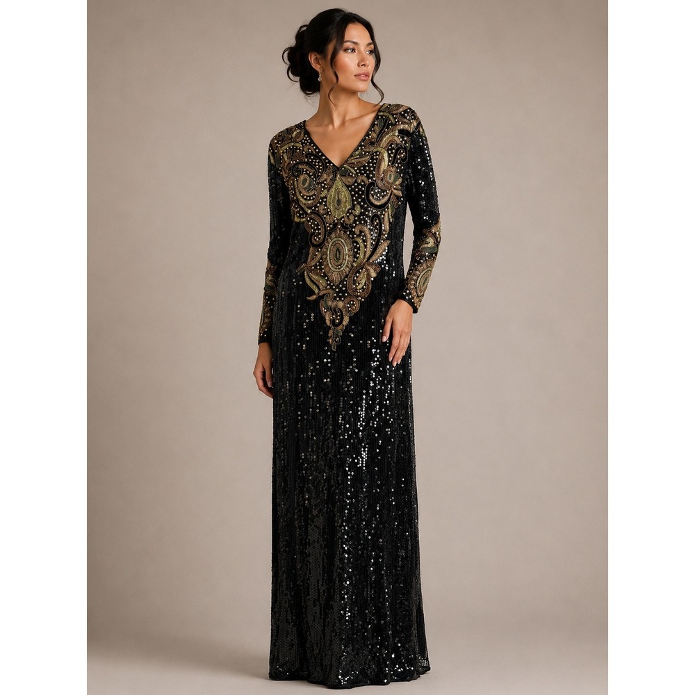 Oleg Cassini Maxi Gown‎ 14 Black Sequin Silk Vintage Formal Evening Dress